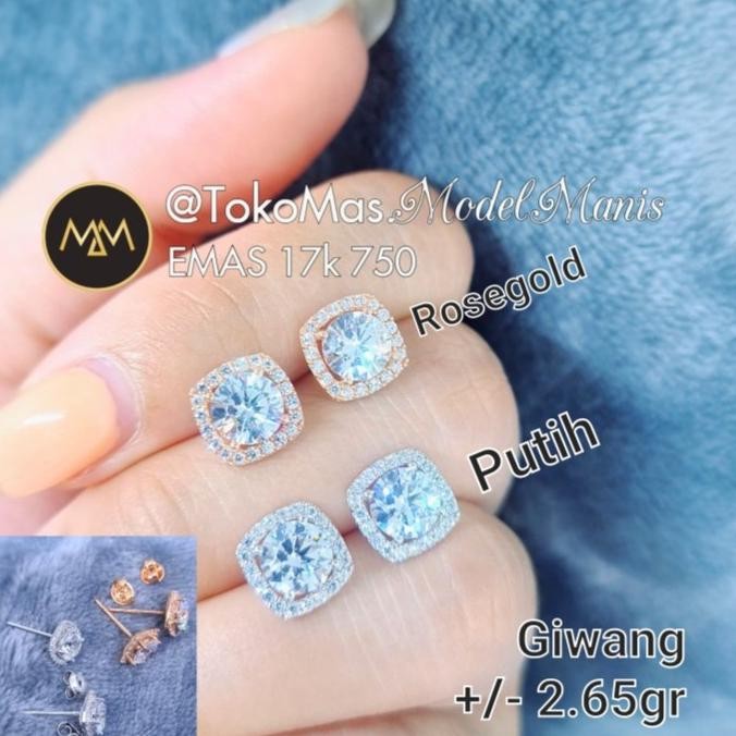 Anting tusuk giwang Diamond looks emas rosegold dan putih 750 kadar 17