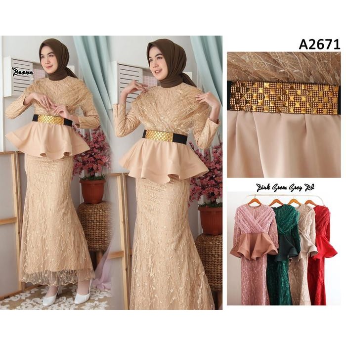 #203, gamis peplum duyung scuba kombinasi tile bordir import free belt #fashion gamis Maxi Kondangan