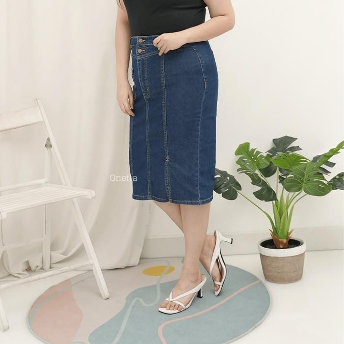 HARGA TERBARU ONETTA - BERLYN (SIZE JUMBO) - ROK JEANS KANCING WANITA SPAN PENDEK SEMI FORMAL 80