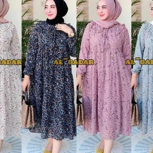 MIDI CERUTY BABY DOLL MOTIF KERAH TALI/ DRESS MIDI CERUTY BABY DOLL MOTIF BUNGA / MIDI DRESS MOTIF B