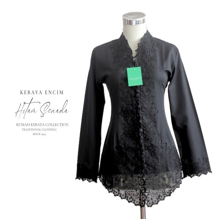 Kebaya Encim Bordir Modern Katun Hitam Lengan Panjang