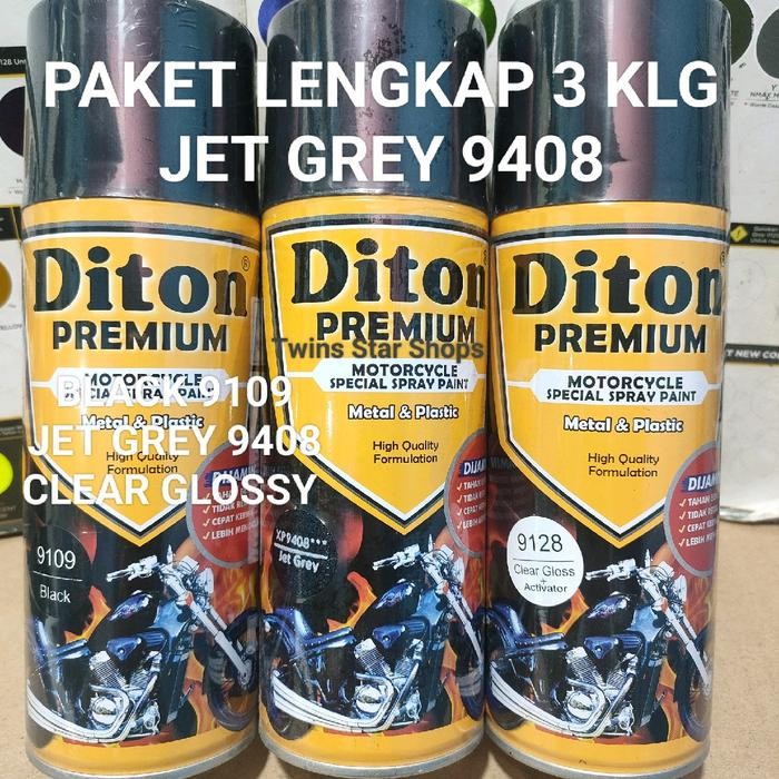 Diton Premium Paket Lengkap 3 Kaleng 400cc Abu-abu Xirallic Xiralic Jet Grey 9408 Black 9109 Clear