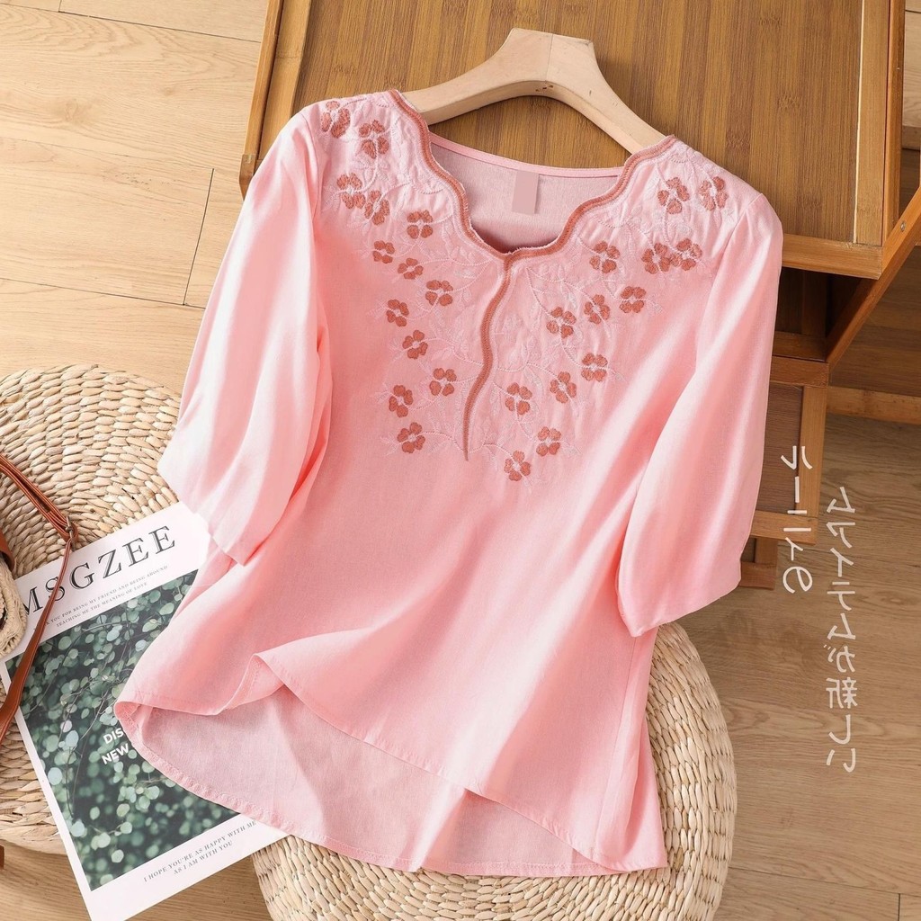 New Chinese Style Embroidery V Women's Cotton Linen Blouse Cotton Linen Shirt