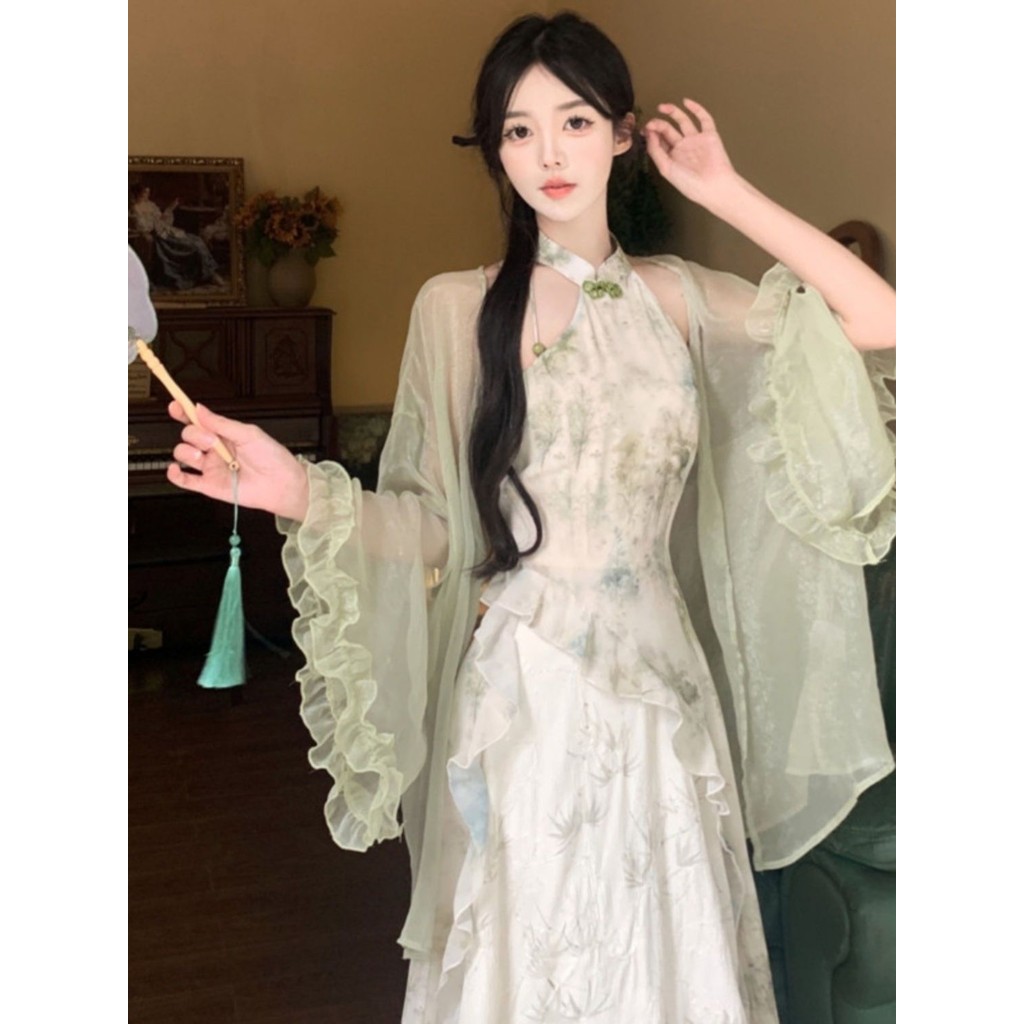 Set Chinese Style Retro Cheongsam Dress Summer Irregular Sleeveless Dress