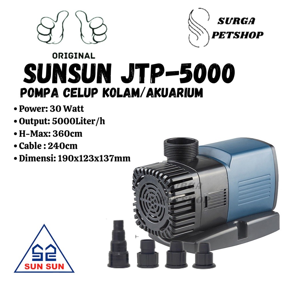 SUNSUN JTP 5000 POMPA AIR CELUP KOLAM IKAN SUBMERSIBLE WATER PUMP AQUARIUM 30 Watt LOW NOISE AKUARIU