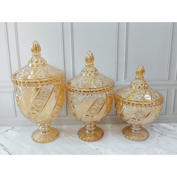 Toples Kue Lebaran / Toples Kue Kering / Tople Kaca Gold 1 set 3 Pcs
