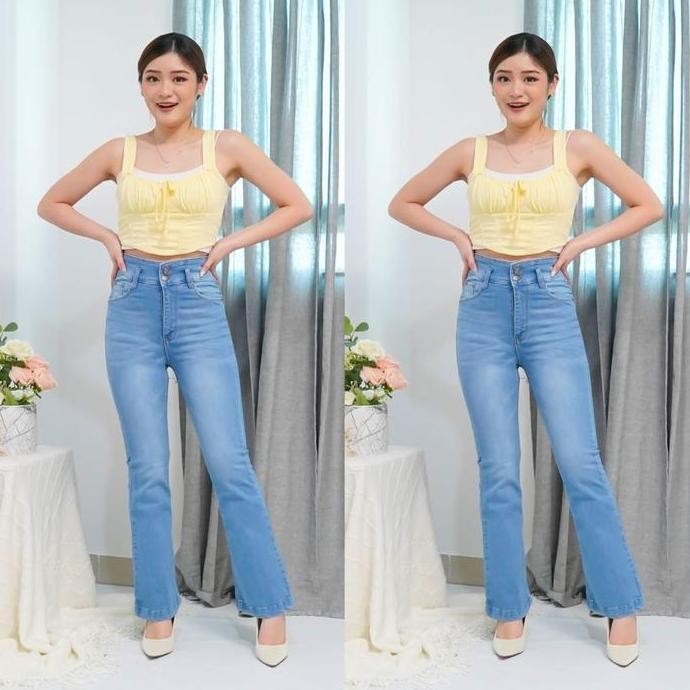 Celana Highwaist Cutbray Kancing 2 (cky) Jeans Wanita Panjang Cewek Denim Skinny Terlaris