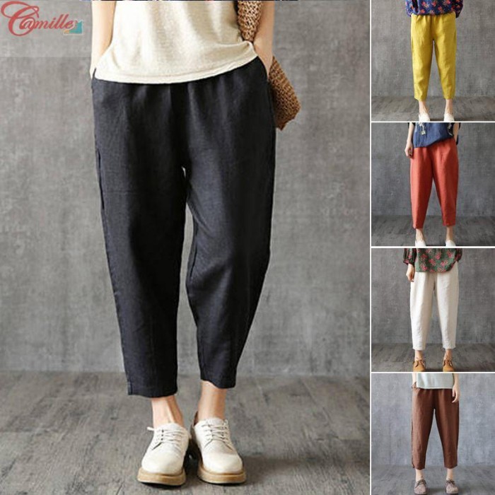 Celana Panjang Wanita Casual Model Longgar Bahan Katun Linen Import