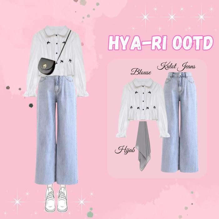 Hyari Ootd One Style ( Blouse Putih + Kulot Jeans + Hijab ) Ootd Korean Casual
