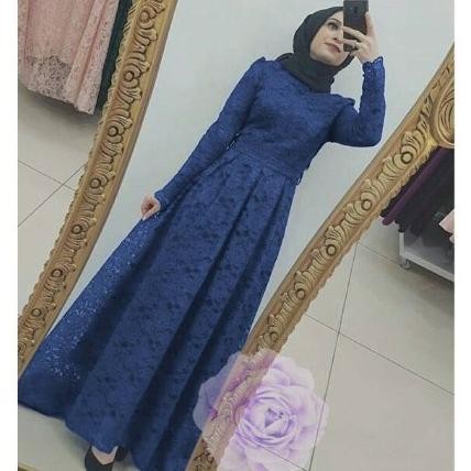 Terbaru Gamis Pesta Premium Nara Party Dress Brukat Maxi Navy Blue Sk Original