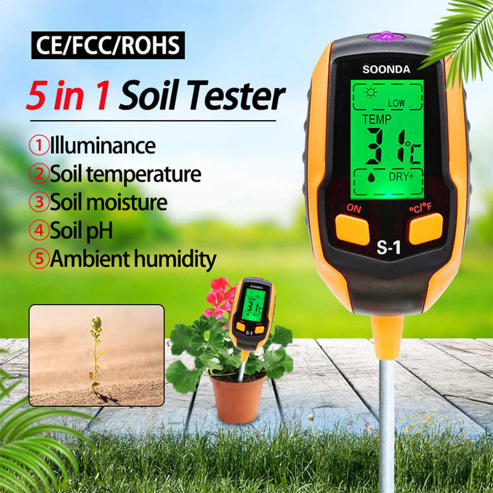 TAM Soil Tester 5-in-1 Household Soil PH Meter Soil Lighting/Temperature/Moisture/PH/Humidity Analyz