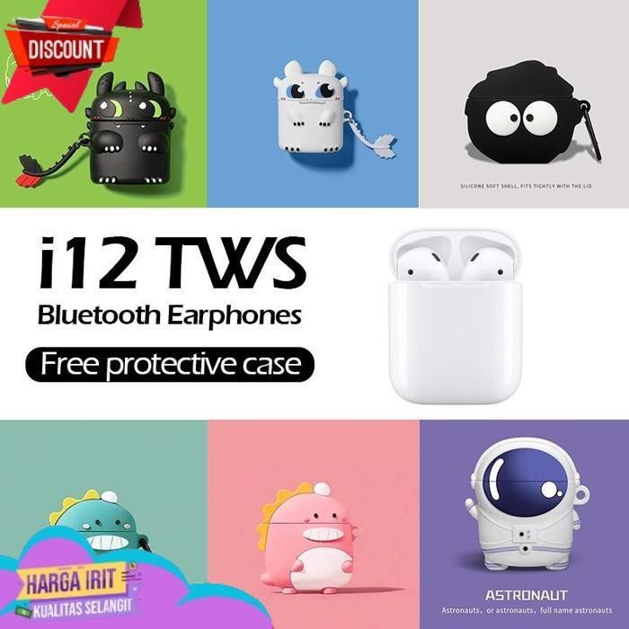 Terbaik i12 Bluetooth Headset with Cartoon Case Earphone Bluetooth Cover Cute Cartoon Silicone Anti-