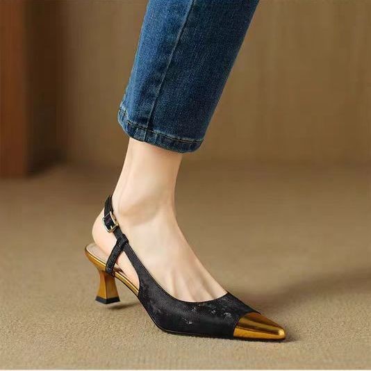 Chanel Style Fashion Color Block Closed Toe Sandals New Gold Pointed Toe Low Chunky Heel