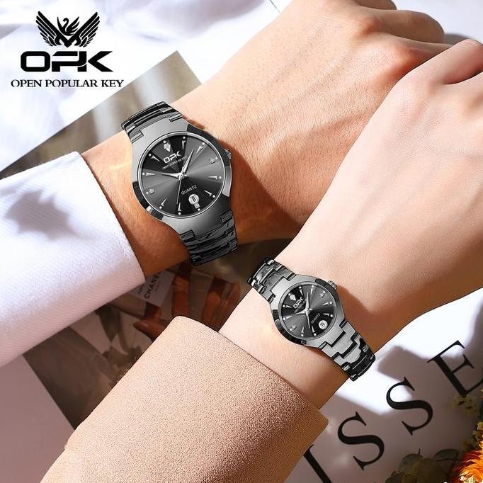 TERSEDIA OPK JAM TANGAN COUPLE PASANGAN TAHAN AIR HITAM / PERAK STAINLESS STEEL KALENDER KASUAL COUP