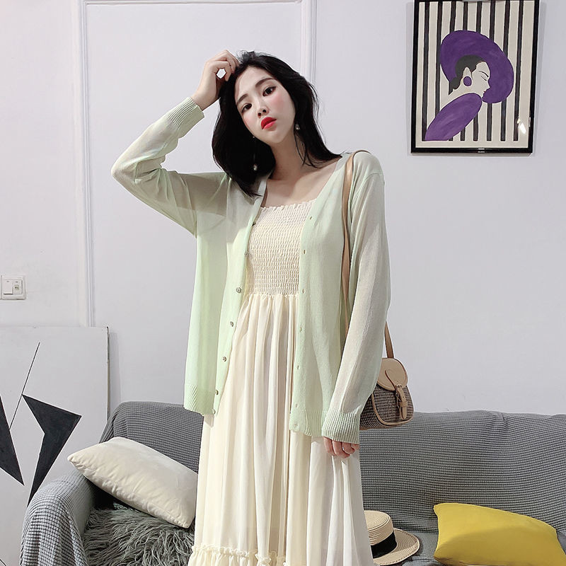 Gaya Baru Musim Panas Elegan Kemeja Rajut Lengan Panjang Sutra Es Pelindung Matahari Kemeja AC Serba