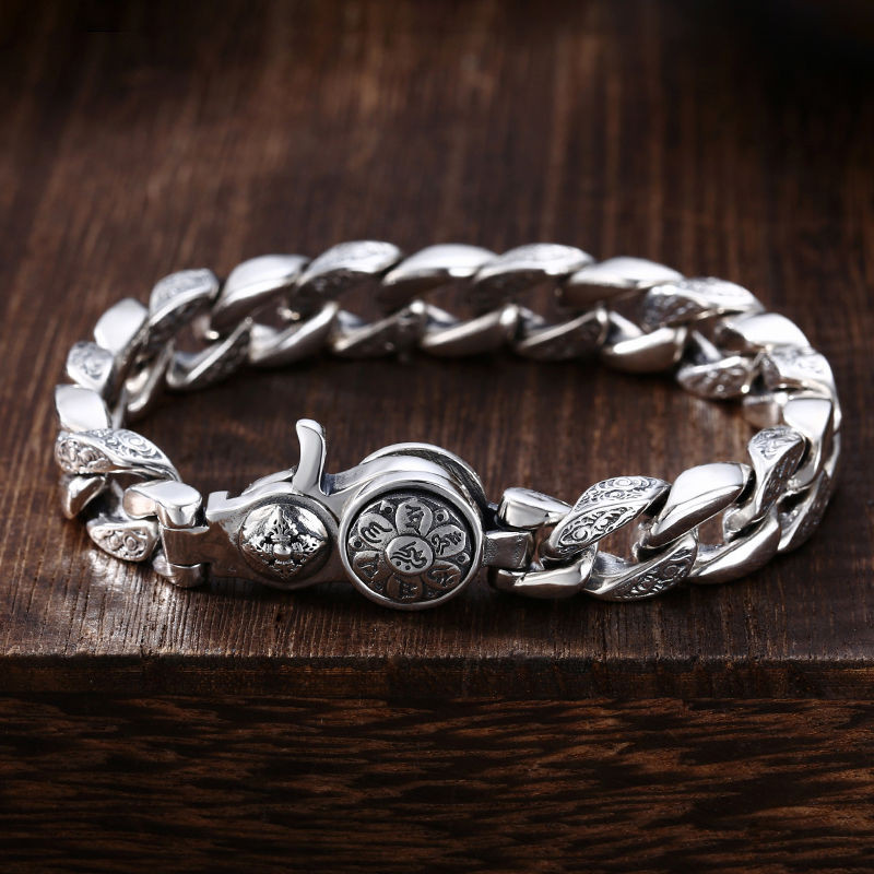 S925Gelang Rotasi Mantra Enam Kata Perak Sterling untuk Pria, Perhiasan Rantai Perak Hip-Hop Motor D