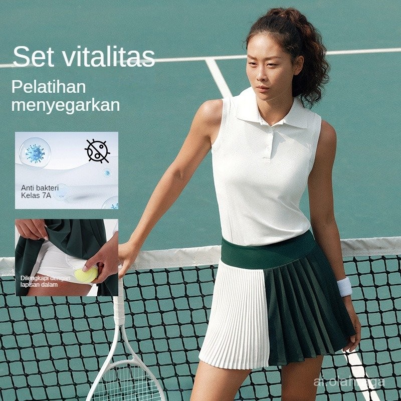 Set Rok Lipit Kebugaran Golf Rok Olahraga Tenis Wanita Anti-Eksposur Rok Yoga Lari