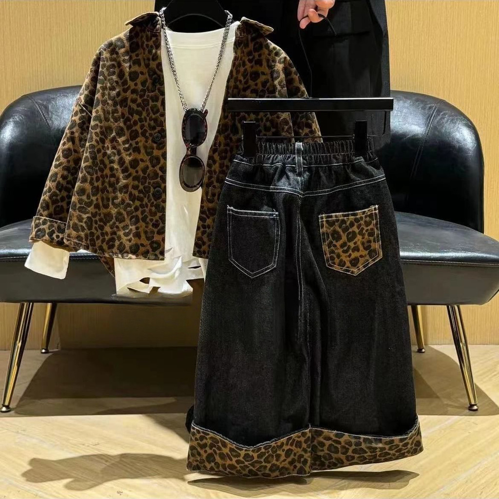 Set Jaket Anak Motif Macan Tutul Mantel Gaya Korea Anak Laki-laki Jeans Serbaguna