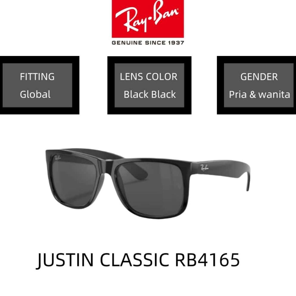 100Asli kacamata hitam RayBan Justin Classic Orinal RB4165 Black Black Sunglasses uv pria wanita