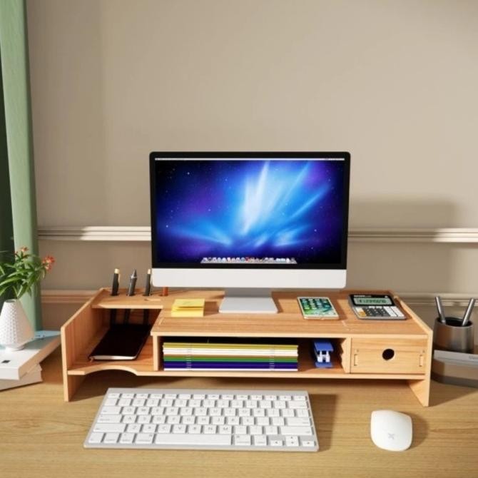 Meja Rak Alas Tatakan Stand Dudukan Kayu Laptop Monitor Imac Printer BIM