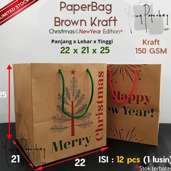 

df-8 Paper Bag Tas Kertas Brown Kraft Edisi Natal & Tahun Baru Uk. 22 x 21 x 25 Premium