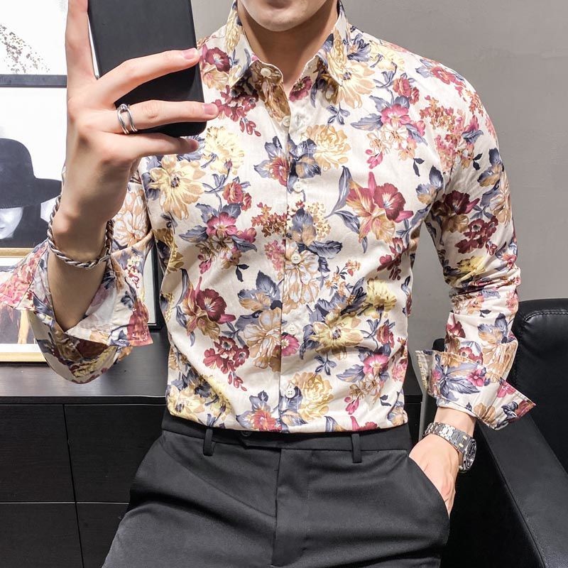 Kemeja Bunga Pria Lengan Panjang Gaya Korea Slim Fit Elegan