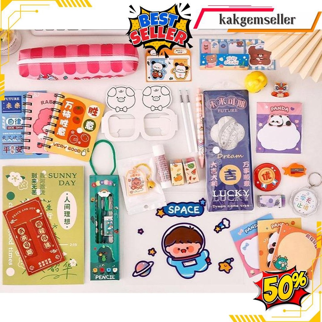 

Paket Alat Tulis Pulpen Stiker Memo Tempel Penghapus Pensil Buku Penggaris Rautan Stationery Set Bisa Cod