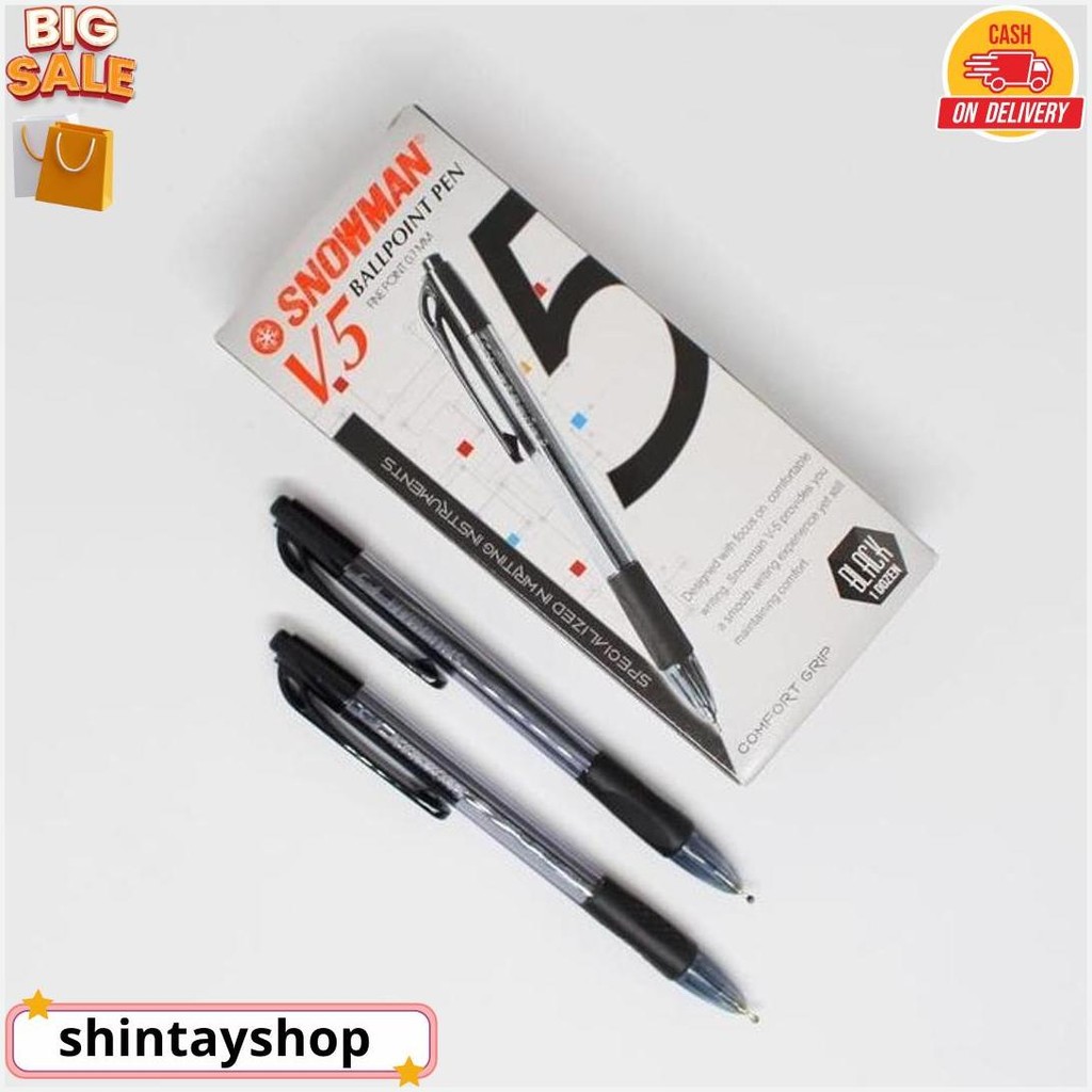 

Pulpen/Bolpoint Snowman V5 (1 Lusin) Tinta Hitam Anti-Kering Bisa Cod