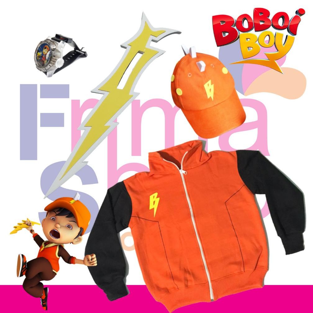 Paket Kostum Anak Topi + Jam Tangan + Jaket Sweater + Keris Petir Boboiboy Galaxy