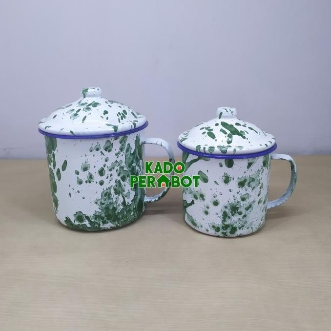 Sale Mug Enamel Lurik - Mug Jadul Enamel - Mug Lurik Tutup