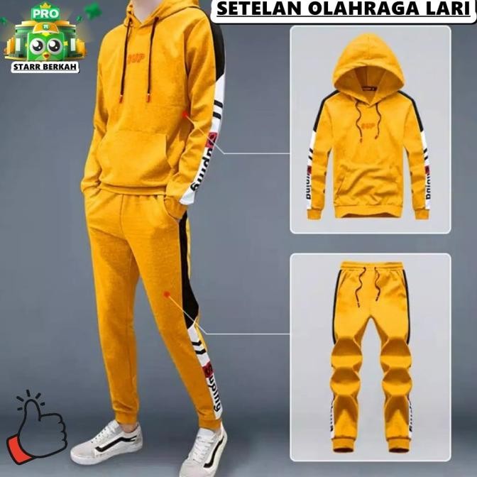 Set Baju olahraga pria keren setelan sweater celana training kuning