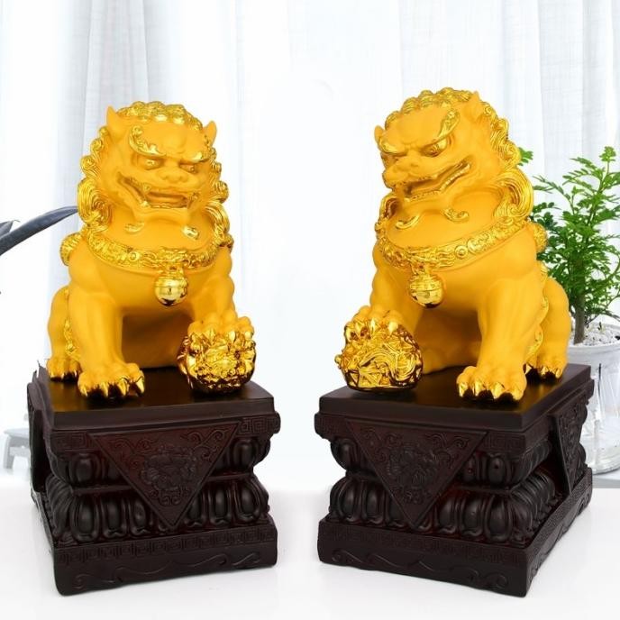 Murah Patung Fu Dog Emas Sepasang Pajangan Qilin Singa Fu Hoki Hongsui Kayu