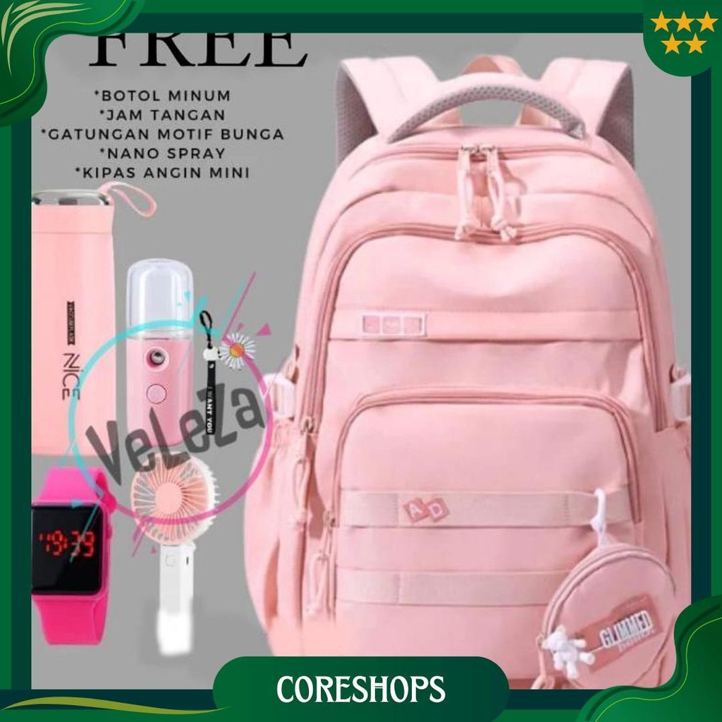 Tas Ransel Sekolah Remaja Terbaru Gratis Botol Minum Kaca Jam Tangan Nano Spray Kipas Angin Mini Dan