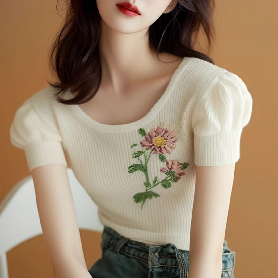 Chanel Style Puff Sleeve Daisy Print T Women's T-shirt