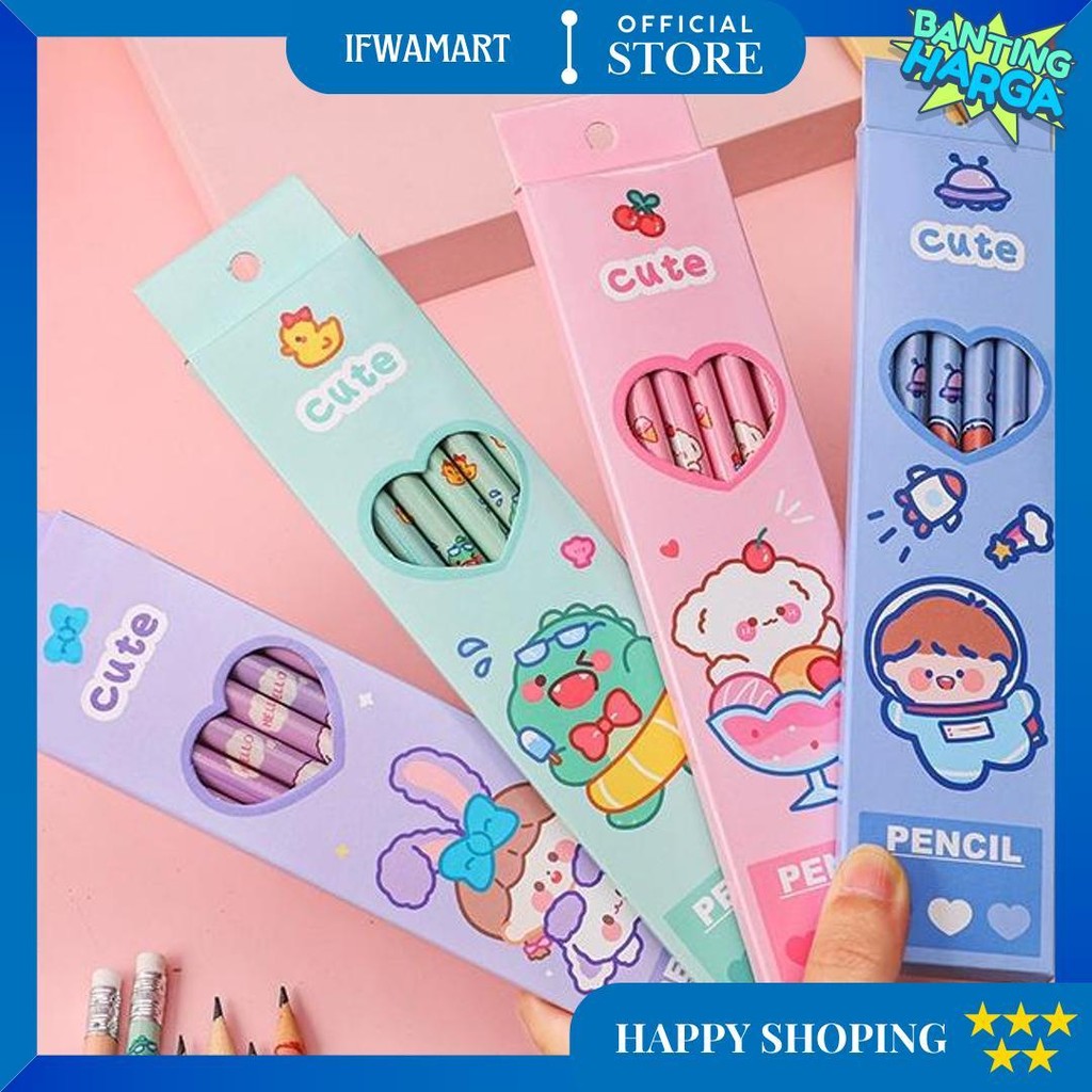 

1 Set 6Pcs Pensil Dan Penghapus Motif Kartun Lucu / Pensil Murah Lucu Lg D Promo 4.4