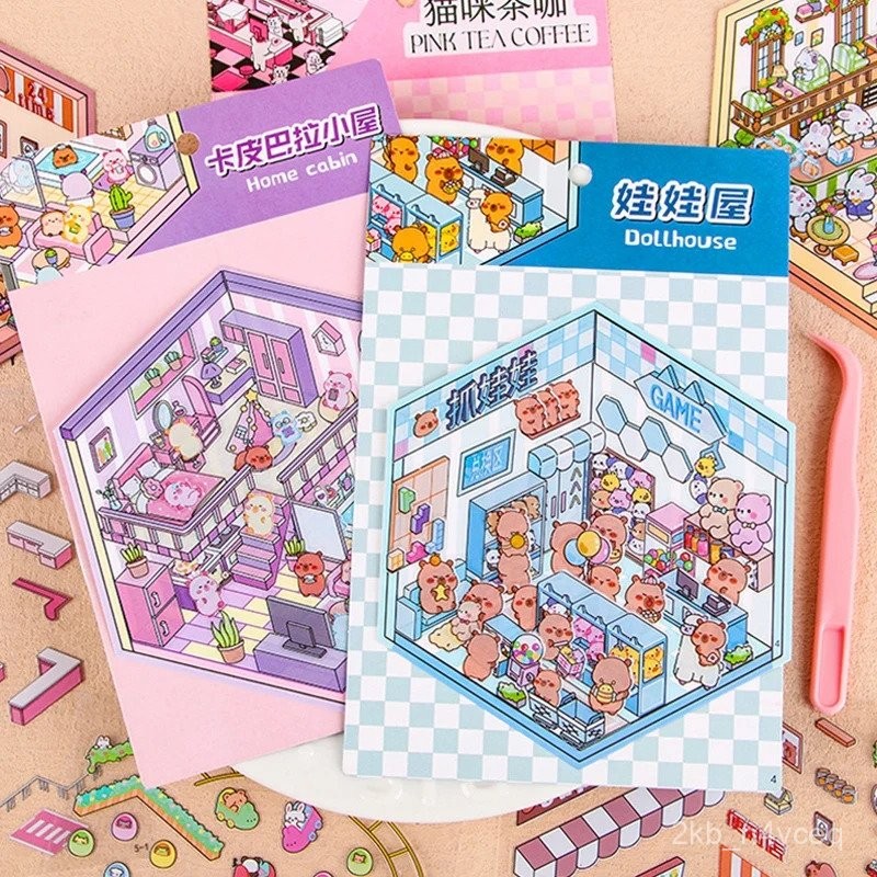 

3D Korean Landscape Stickers Capybara Miniature Scene Cabin Scene Stacking Pasting Sticker Visual Stacking Stickers Gifts ﻿ 1W8Z