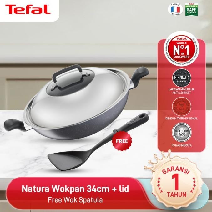 Tefal Wajan Kuali Penggorengan Anti Lengket Natura Wokpan 34cm + Tutup