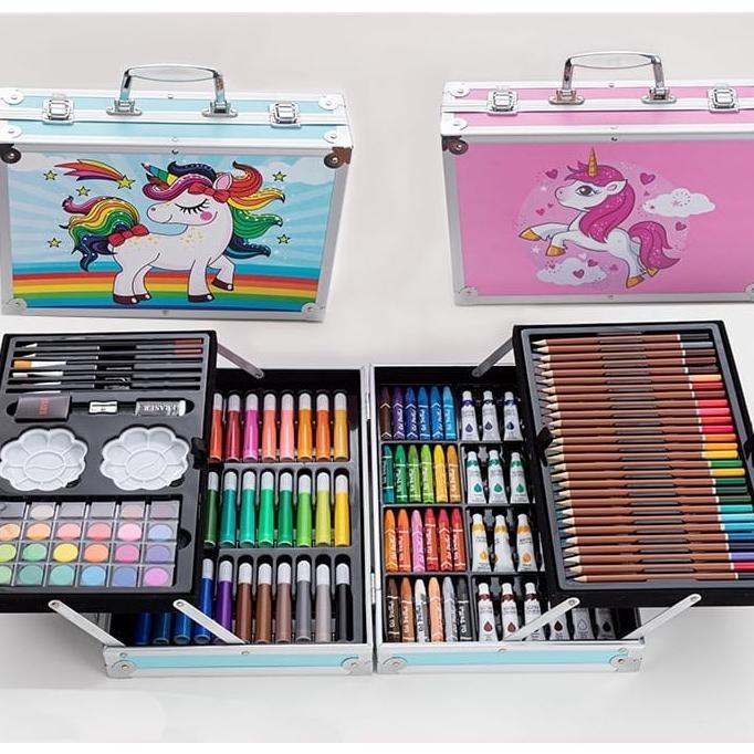 

Gu Crayon Set 145Pcs Koper Aluminium Besi Krayon Pensil Warna 145 Pcs Box Alat Lukis Anak Koper Set