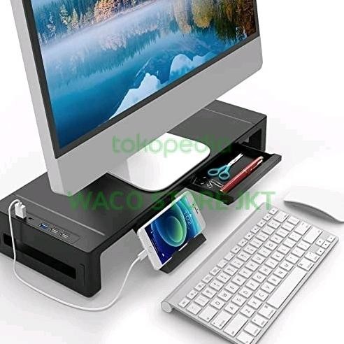 MEJA MONITOR STAND ALUMINIUM USB PORT TATAKAN LACI KEYBOARD KOMPUTER NEW
