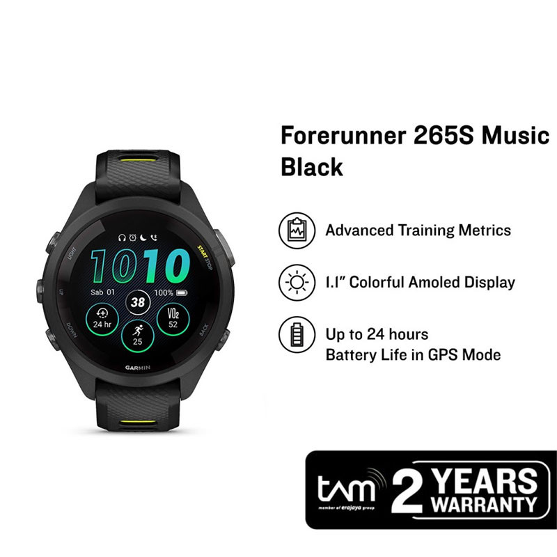 Jam Tangan Wanita Digital Garmin Forerunner 265S 010-02810-53 Smartwatch Black Rubber Strap
