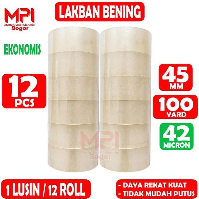 

1 Lusin [ 12 Roll ] Lakban Bening Ekonomis 45 Mm X 100 Yard / Lakban Packing Paket - Master Pack Indonesia Bogor New Stok