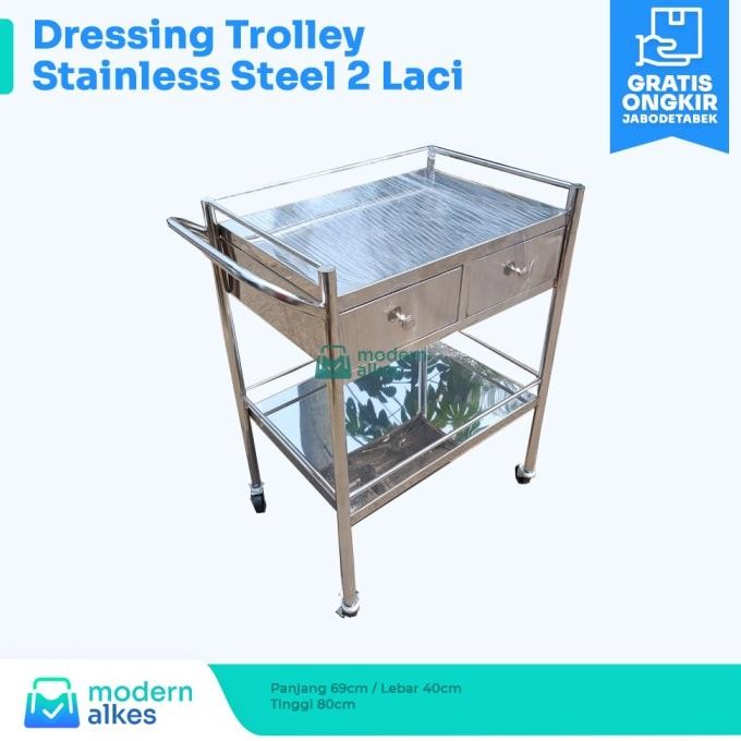 Dressing Trolley Stainless Steel  Dengan 2 Laci - Dressing Trolley Rs New Stok