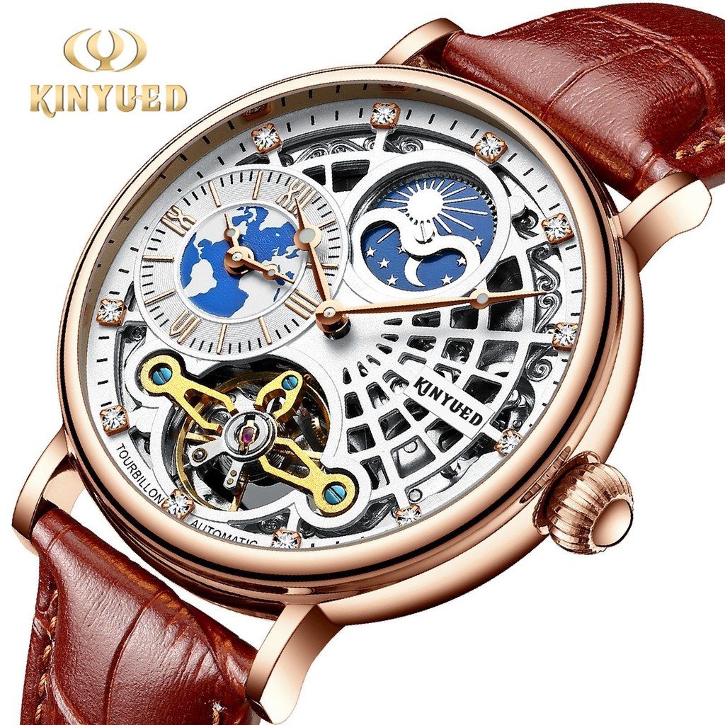 Jam Tangan Pria Swiss Dua Sisi Skeleton Tourbillon Jam Tangan Mekanik Otomatis dengan Inlay Berlian