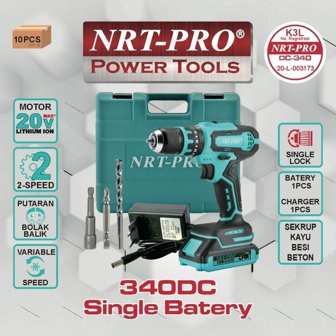 NRT-PRO DC 340 HD Mesin Bor Cordless Drill 1 Baterai Batre Tangan Beton Impact Tembok Charger Cas 20