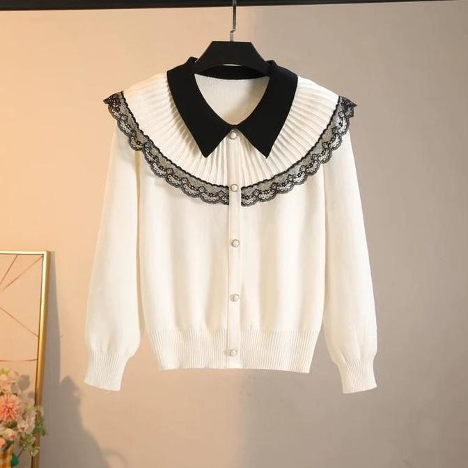 Grosir Atasan Wanita Rajut Blouse Knit Kerah Renda H478 - Bahan Rajut Variasi Renda - Knitwear, Kanc