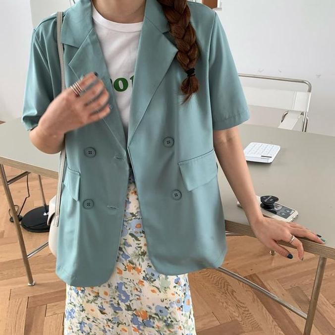 Murah Hijau Biru Kuning Ungu Korea Blazer Wanita Lengan Pendek Setelan Jas Blazer Women Outer Murah 