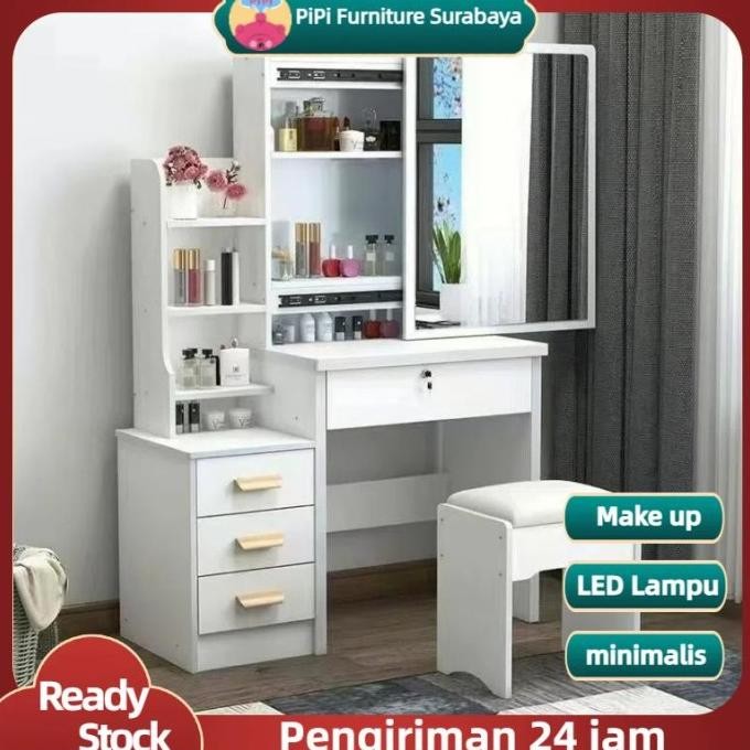 Meja Rias / Meja Rias Putih Lampu LED / Meja Rias Kaca Sliding