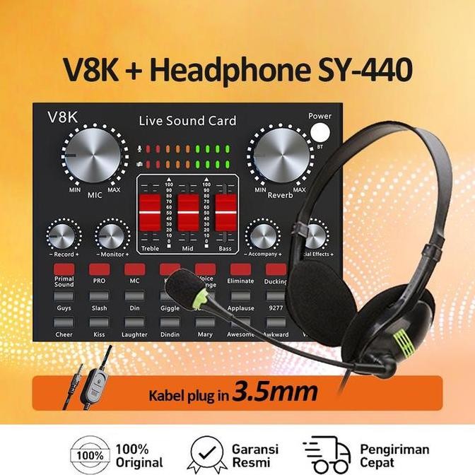 Bonkyo Mixer V8K+Headphone  Sound Card Peralatan Siaran Langsung Komputer Dan Ponsel Karaoke Rekaman