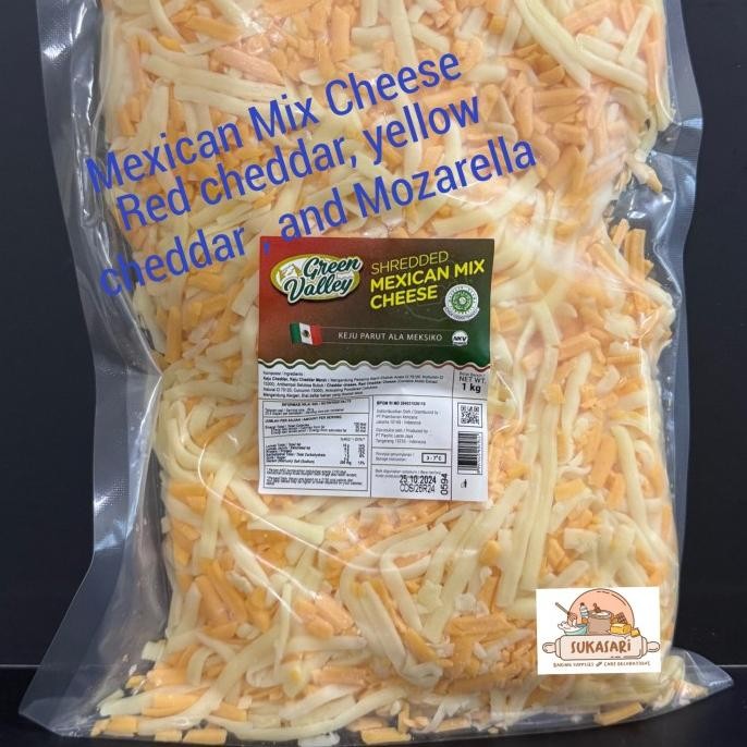 

Grosir Green Valley Shredded Mexican Mix Cheese 1Kg Pack Keju Orange Yellow Moza Mix