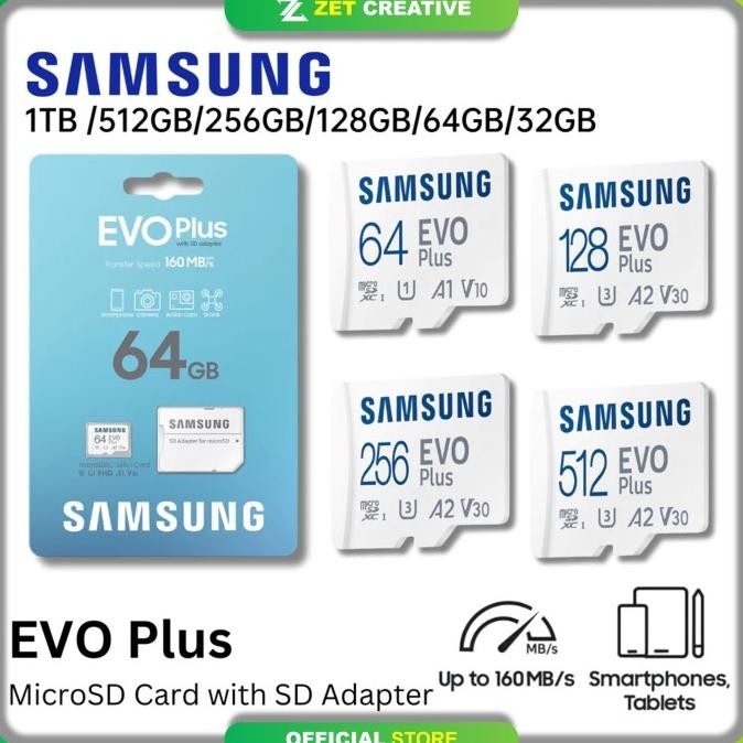 SAMSUNG MICROSD EVO PLUS 32GB/64GB/128GB/256GB/512GB/1TB MEMORY CARD HP MICRO SD KARTU MEMORI CARD M
